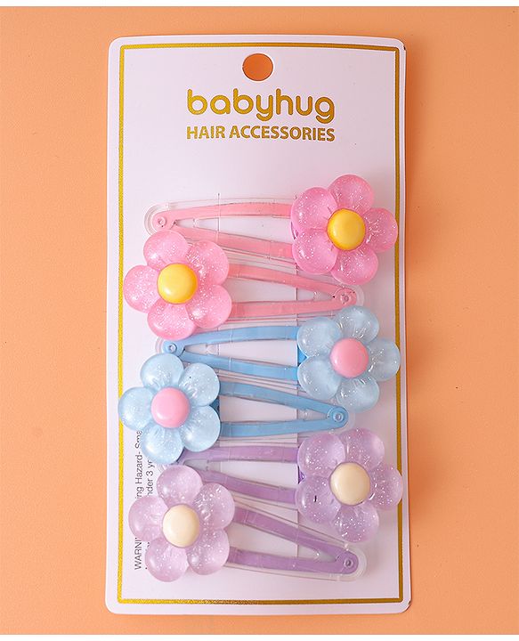 Babyhug Snap Clips with Floral Applique Pack of 6 - Pink Blue and Lilac