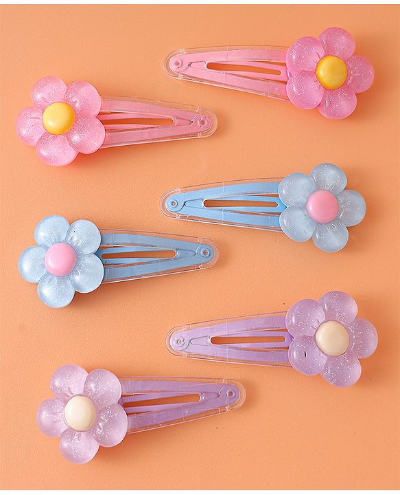 Babyhug Snap Clips with Floral Applique Pack of 6 - Pink Blue and Lilac