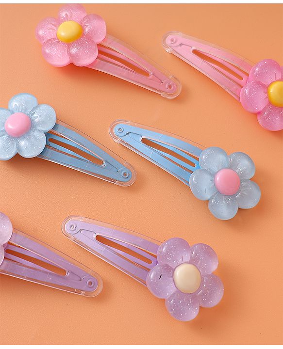 Babyhug Snap Clips with Floral Applique Pack of 6 - Pink Blue and Lilac