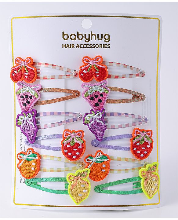 Babyhug Snap Clips with Fruits Applique Free Size Pack of 12 - Multicolor