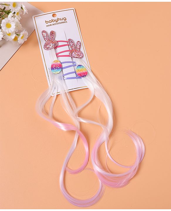 Babyhug Snap Clips with Hair Extensions Pack of 4 - Pink and Sky Blue