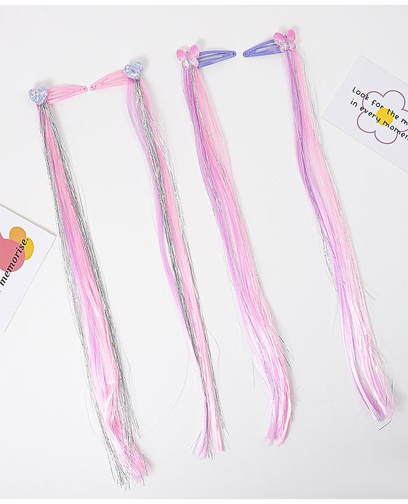 Pine Kids Hair Extensions  With Hearts And Butterfly Applique Free Size Pack of 2  - Multicolor