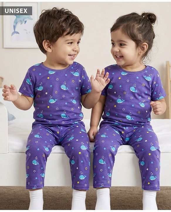 Babyhug Cotton Knit Half Sleeves Co-ords Night Suit with Dolphin Print - Blue