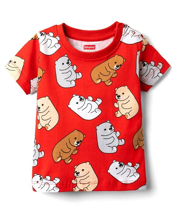 Babyhug Cotton Knit Half Sleeves Co-ords  Night Suit With Bear Print - Red
