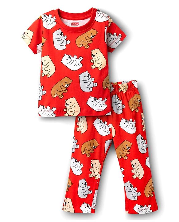 Babyhug Cotton Knit Half Sleeves Co-ords  Night Suit With Bear Print - Red
