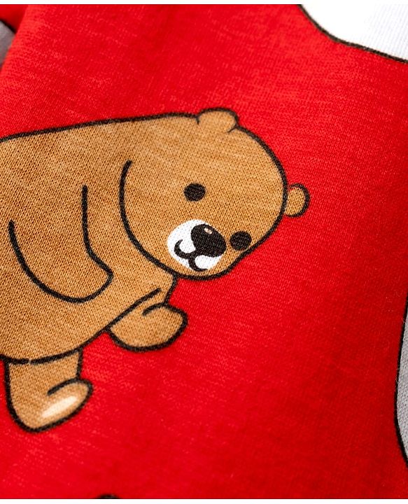 Babyhug Cotton Knit Half Sleeves Co-ords  Night Suit With Bear Print - Red