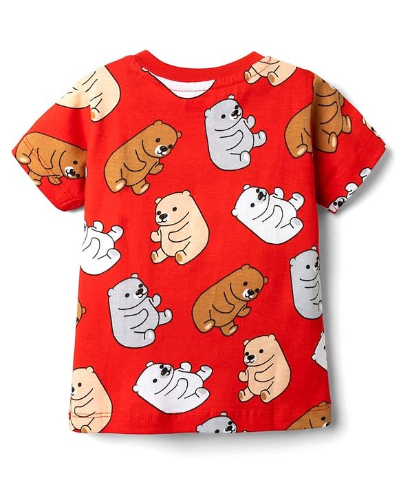 Babyhug Cotton Knit Half Sleeves Co-ords  Night Suit With Bear Print - Red