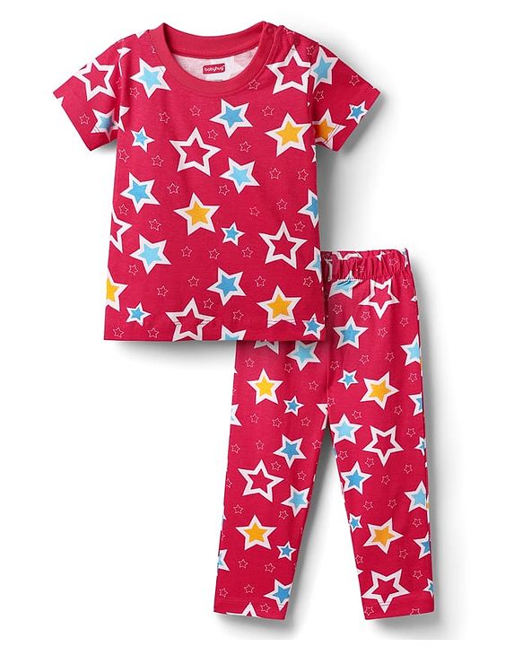 Babyhug Cotton Knit Half Sleeves Co-ords  Night Suit With Stars Print - Red
