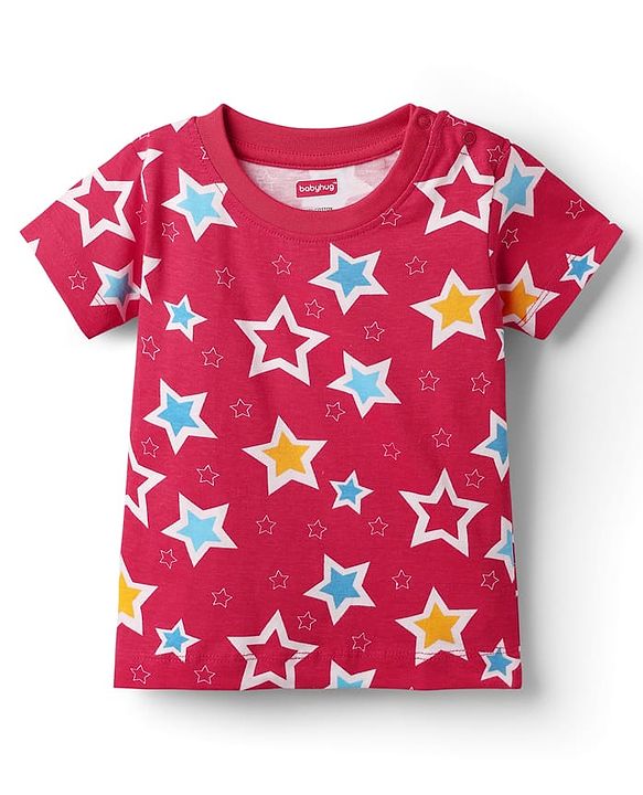 Babyhug Cotton Knit Half Sleeves Co-ords  Night Suit With Stars Print - Red
