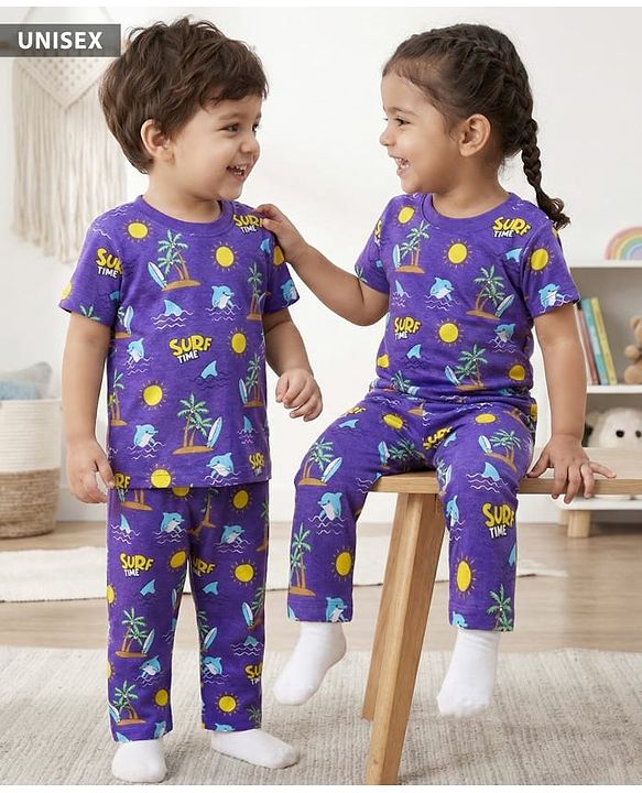 Babyhug Cotton Knit Half Sleeves Co-ords Night Suit With Beach Theme Print - Navy Blue