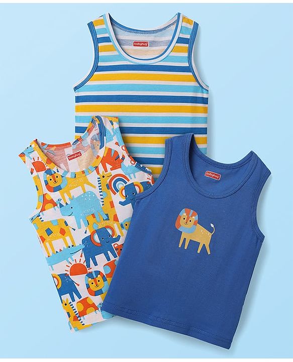 Babyhug 100% Cotton Sleeveless Animal Printed & Striped Sando Pack Of 3 -Orange Navy Blue & Yellow