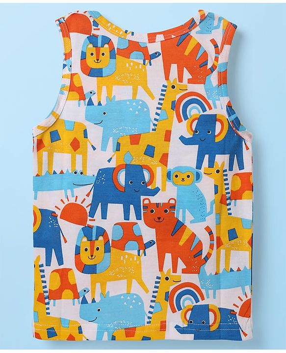 Babyhug 100% Cotton Sleeveless Animal Printed & Striped Sando Pack Of 3 -Orange Navy Blue & Yellow