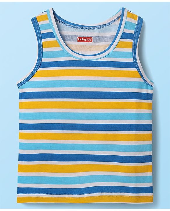 Babyhug 100% Cotton Sleeveless Animal Printed & Striped Sando Pack Of 3 -Orange Navy Blue & Yellow