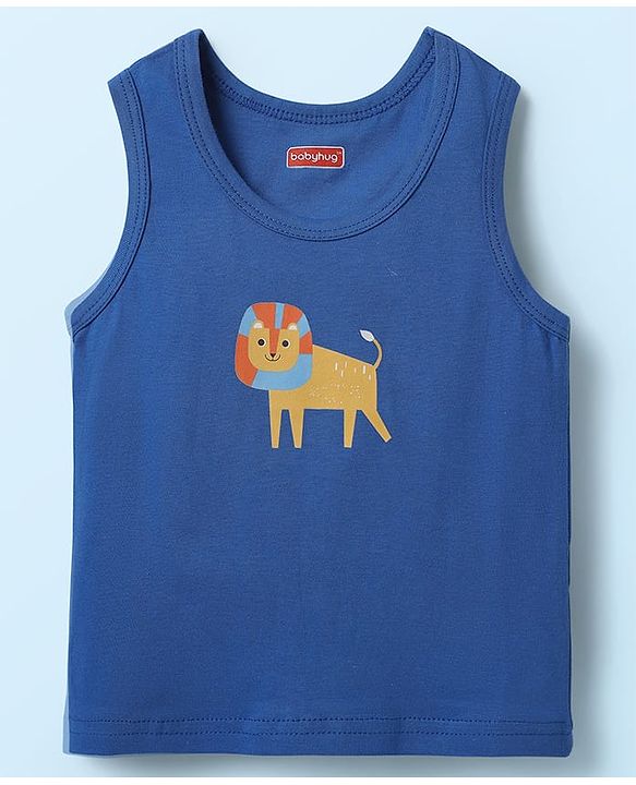 Babyhug 100% Cotton Sleeveless Animal Printed & Striped Sando Pack Of 3 -Orange Navy Blue & Yellow