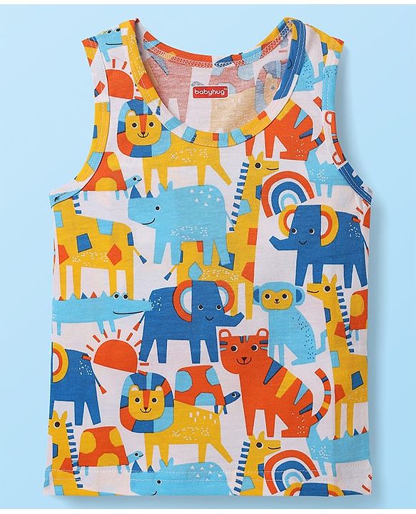 Babyhug 100% Cotton Sleeveless Animal Printed & Striped Sando Pack Of 3 -Orange Navy Blue & Yellow