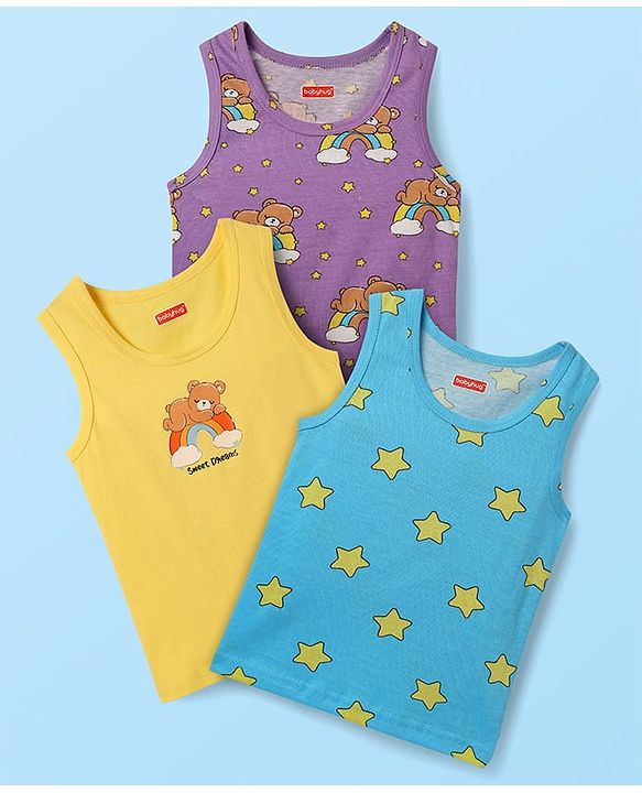 Babyhug 100% Cotton Sleeveless Teddy & Star Printed Sando Pack Of 3 -Purple Yellow & Blue
