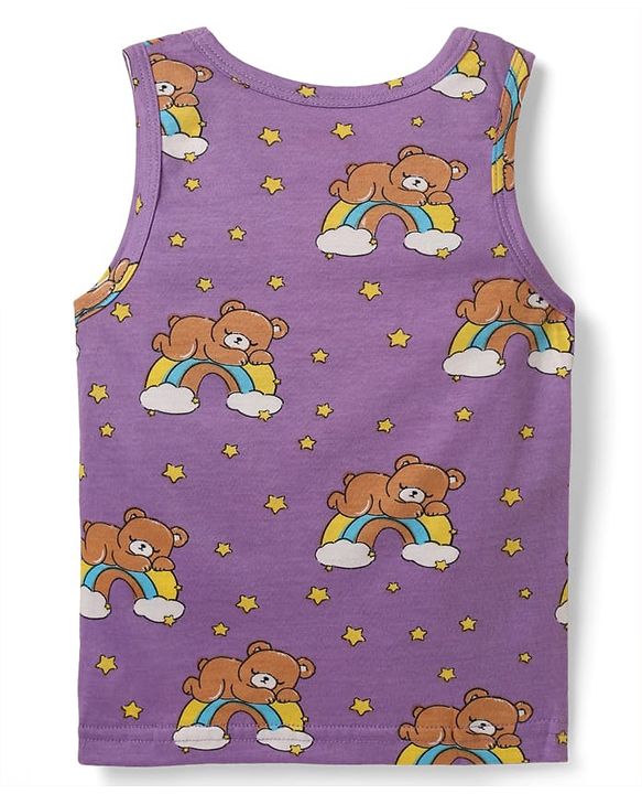 Babyhug 100% Cotton Sleeveless Teddy & Star Printed Sando Pack Of 3 -Purple Yellow & Blue