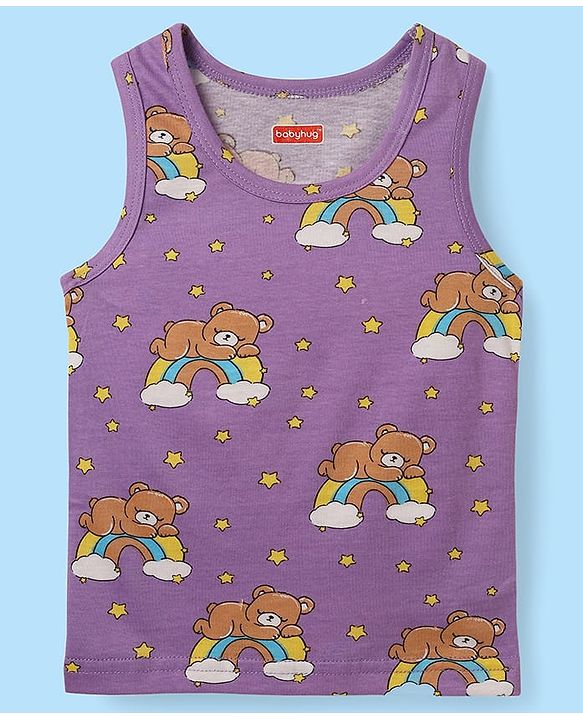Babyhug 100% Cotton Sleeveless Teddy & Star Printed Sando Pack Of 3 -Purple Yellow & Blue
