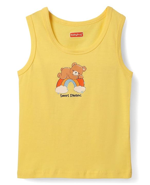 Babyhug 100% Cotton Sleeveless Teddy & Star Printed Sando Pack Of 3 -Purple Yellow & Blue