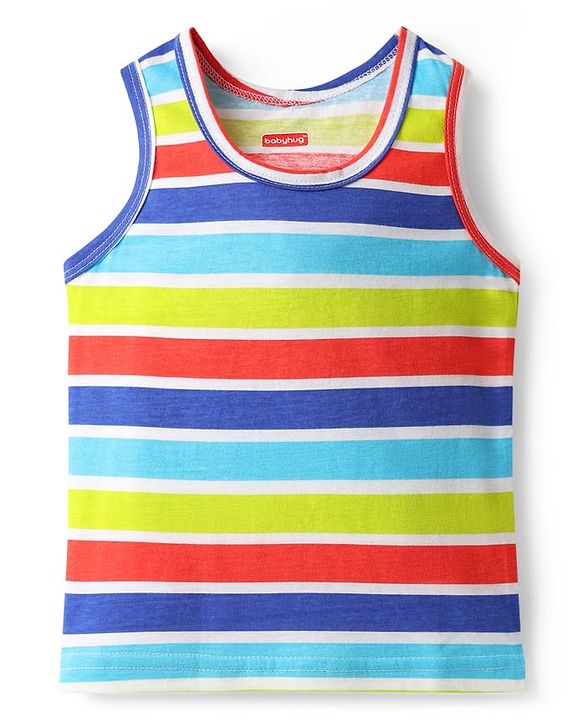 Babyhug 100% Cotton Single Jersey Knit Sleeveless Sando With Stripes & Dino Print Pack Of 3 - Red & Navy Blue