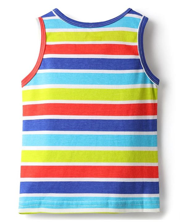 Babyhug 100% Cotton Single Jersey Knit Sleeveless Sando With Stripes & Dino Print Pack Of 3 - Red & Navy Blue
