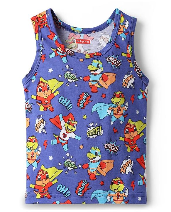 Babyhug 100% Cotton Single Jersey Knit Sleeveless Sando With Stripes & Dino Print Pack Of 3 - Red & Navy Blue
