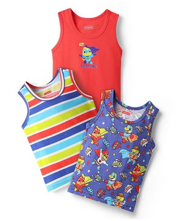 Babyhug 100% Cotton Single Jersey Knit Sleeveless Sando With Stripes & Dino Print Pack Of 3 - Red & Navy Blue