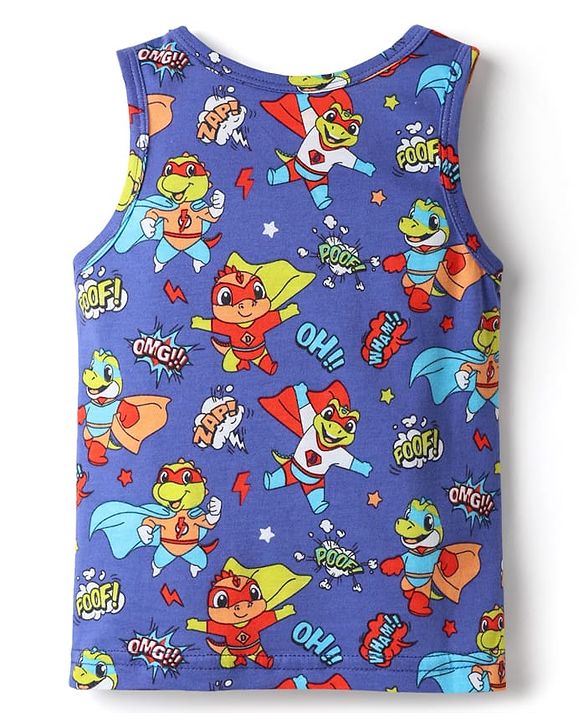 Babyhug 100% Cotton Single Jersey Knit Sleeveless Sando With Stripes & Dino Print Pack Of 3 - Red & Navy Blue