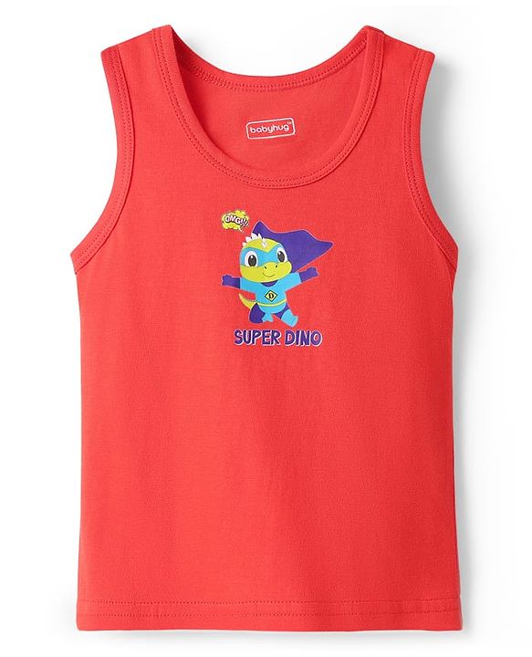 Babyhug 100% Cotton Single Jersey Knit Sleeveless Sando With Stripes & Dino Print Pack Of 3 - Red & Navy Blue