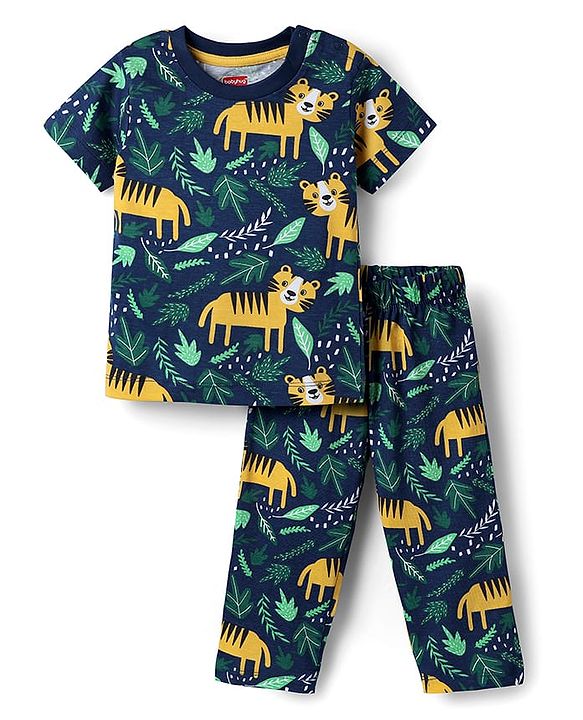 Babyhug Cotton Knit Half Sleeves Co-ords  Night Suit With Animals Print - Navy Blue