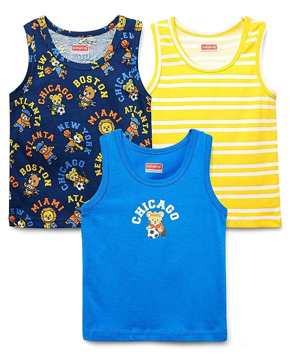 Babyhug 100% Cotton Single Jersey Knit Sando Stripes & Animal Print Pack Of 3 - Yellow Navy Blue & Blue