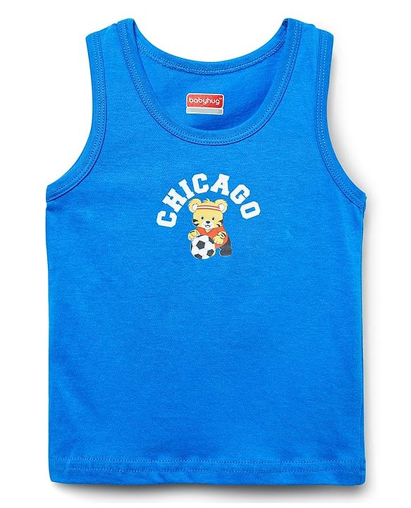 Babyhug 100% Cotton Single Jersey Knit Sando Stripes & Animal Print Pack Of 3 - Yellow Navy Blue & Blue