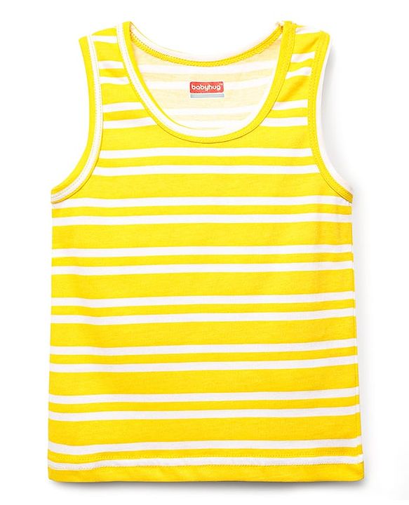 Babyhug 100% Cotton Single Jersey Knit Sando Stripes & Animal Print Pack Of 3 - Yellow Navy Blue & Blue