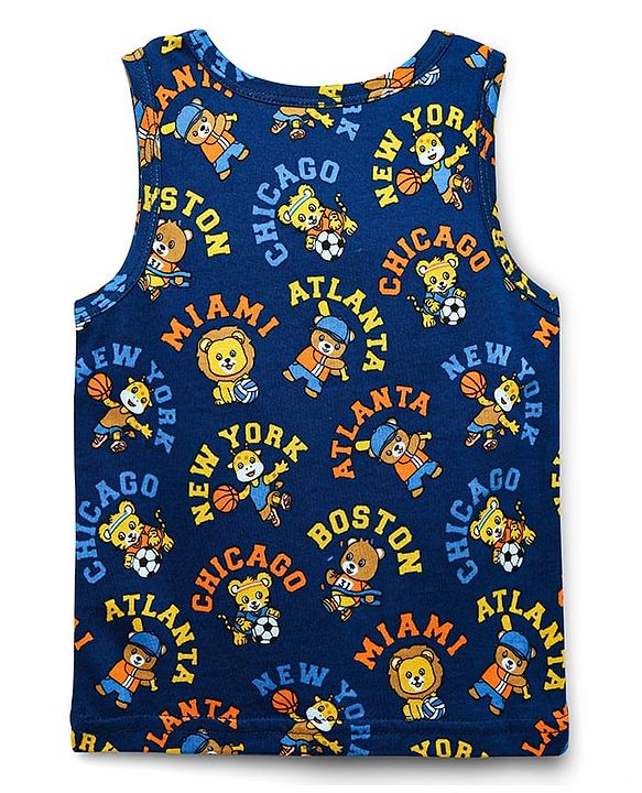 Babyhug 100% Cotton Single Jersey Knit Sando Stripes & Animal Print Pack Of 3 - Yellow Navy Blue & Blue