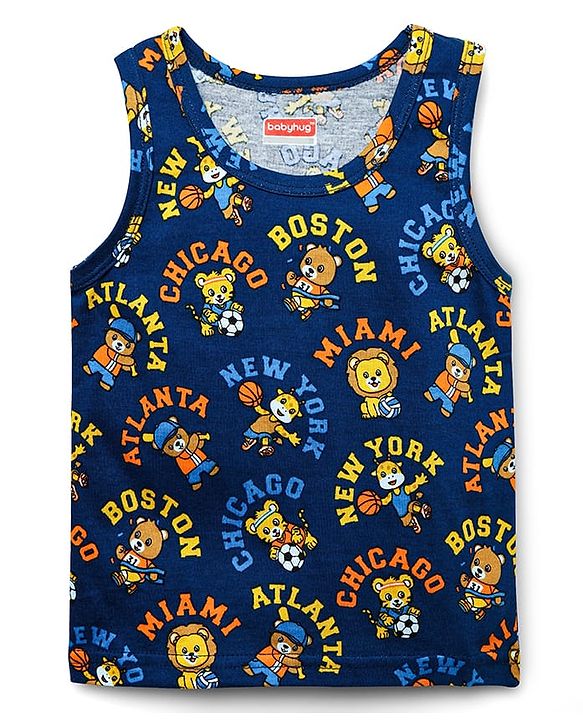 Babyhug 100% Cotton Single Jersey Knit Sando Stripes & Animal Print Pack Of 3 - Yellow Navy Blue & Blue