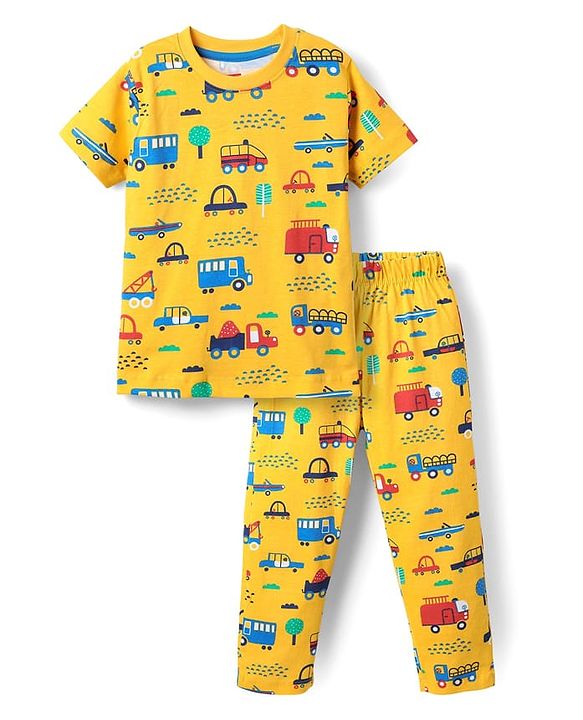 Babyhug Cotton Knit Half Sleeves Co-ords  Night Suit With Vehicles Print - Yellow