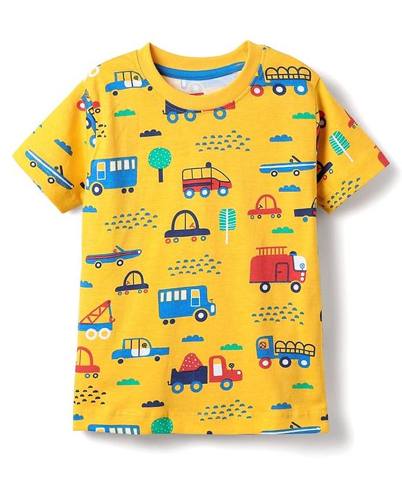 Babyhug Cotton Knit Half Sleeves Co-ords  Night Suit With Vehicles Print - Yellow