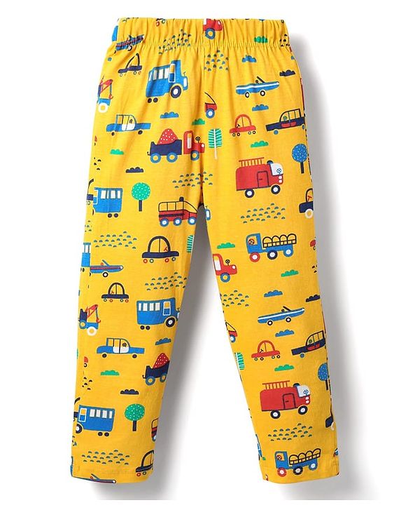 Babyhug Cotton Knit Half Sleeves Co-ords  Night Suit With Vehicles Print - Yellow