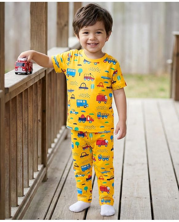 Babyhug Cotton Knit Half Sleeves Co-ords  Night Suit With Vehicles Print - Yellow