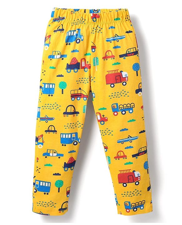Babyhug Cotton Knit Half Sleeves Co-ords  Night Suit With Vehicles Print - Yellow
