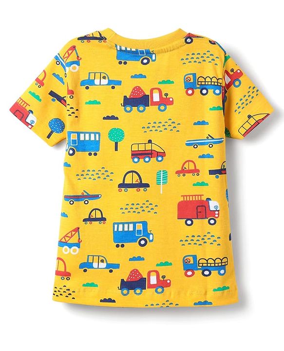 Babyhug Cotton Knit Half Sleeves Co-ords  Night Suit With Vehicles Print - Yellow