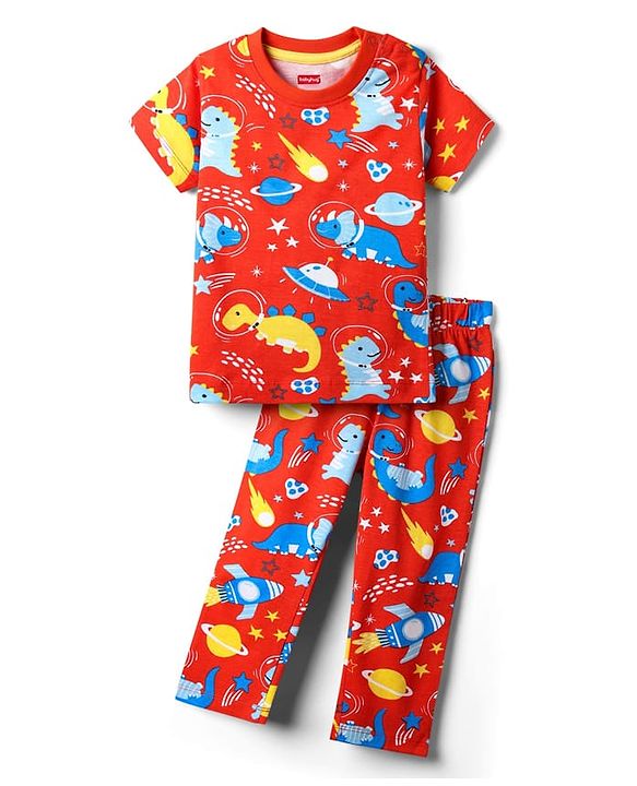 Babyhug Cotton Knit Half Sleeves Co-Ord Night Suit with Animal Print - Orange