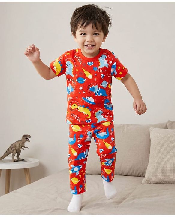Babyhug Cotton Knit Half Sleeves Co-Ord Night Suit with Animal Print - Orange