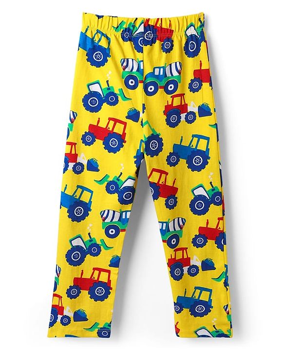 Babyhug Cotton Knit Half Sleeves Co-ords Night Suit with Vehicle Print - Yellow