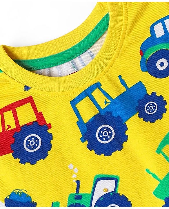 Babyhug Cotton Knit Half Sleeves Co-ords Night Suit with Vehicle Print - Yellow