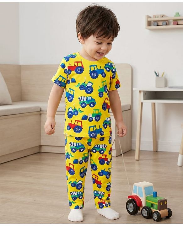 Babyhug Cotton Knit Half Sleeves Co-ords Night Suit with Vehicle Print - Yellow