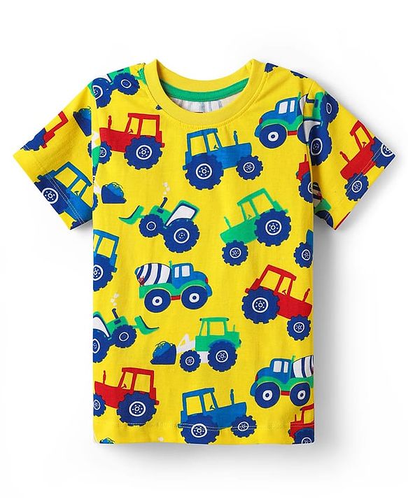 Babyhug Cotton Knit Half Sleeves Co-ords Night Suit with Vehicle Print - Yellow