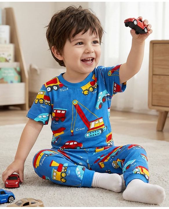 Babyhug Cotton Knit Half Sleeves Co-Ord Night Suit With Vehicle Print - Blue