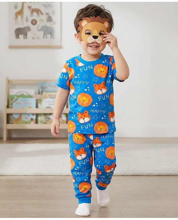 Babyhug Cotton Knit Half Sleeves Co-Ords Night Suit With Animal Print - Blue