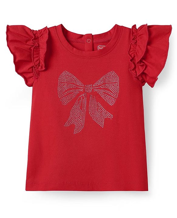 Babyhug 100% Cotton Knit Frill Sleeves Top with Rhinestone Detailing - Red